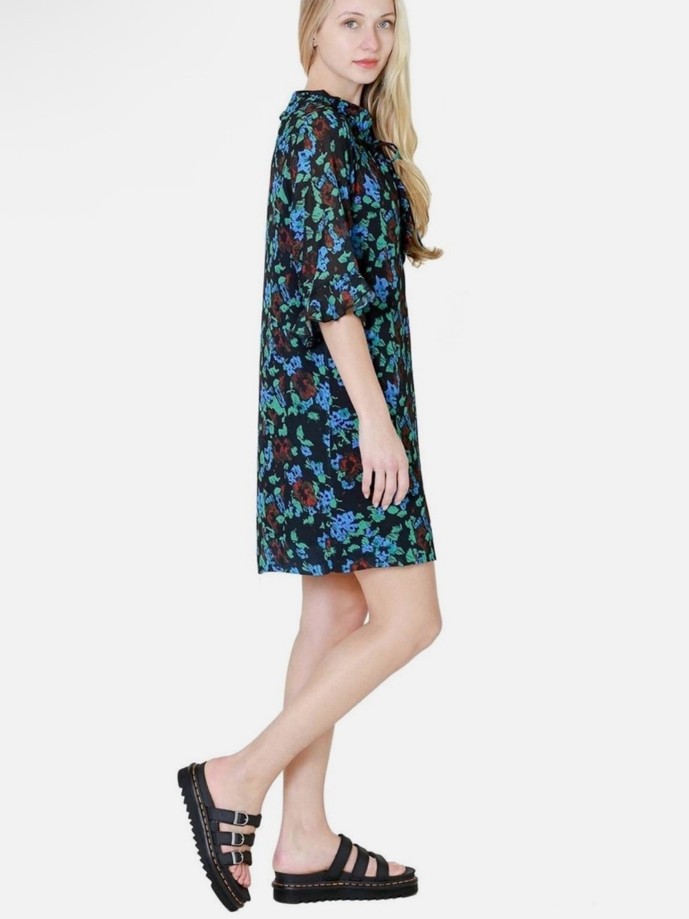 Ganni Printed Light Crepe Mini Dress Meadow Azure Blue Ruffle Neckline Size 38 - Picture 5 of 10